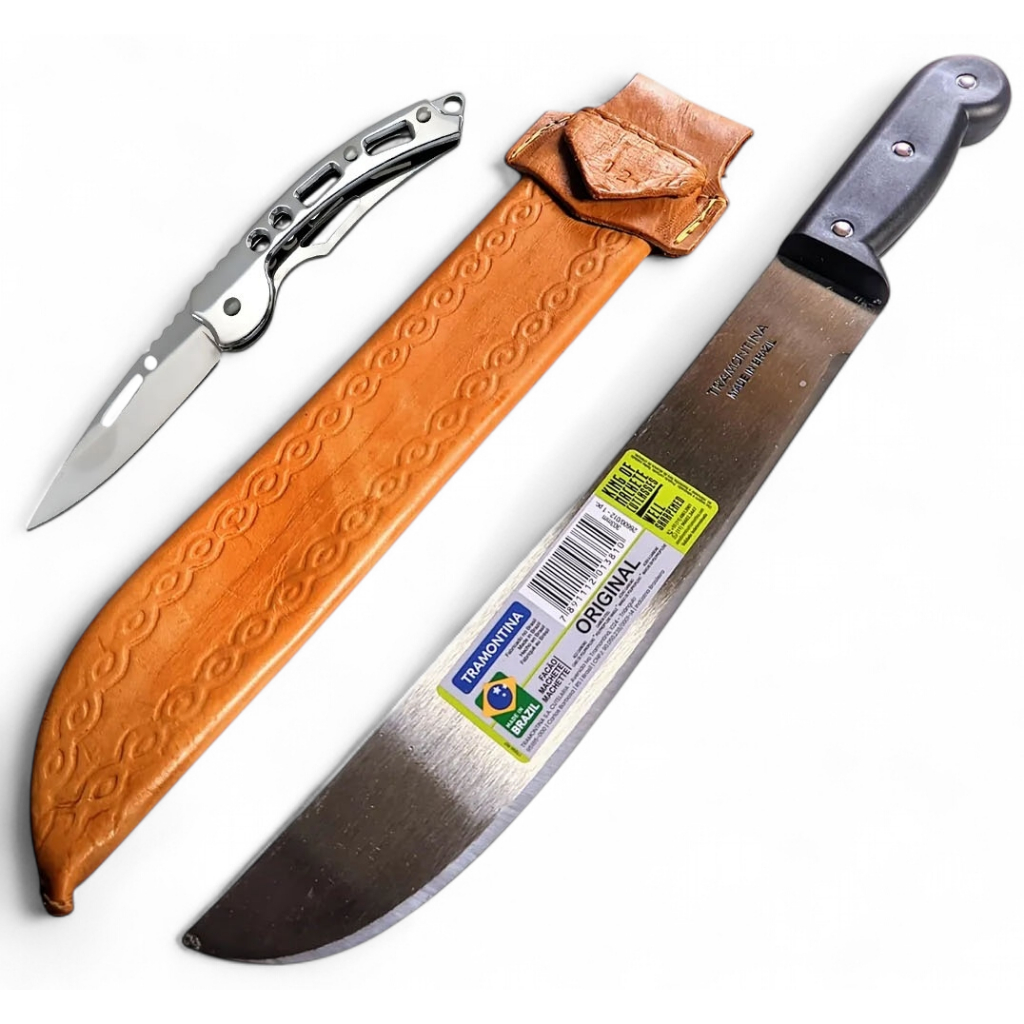 Kit bainha e facão Tramontina 12" polegadas mato galho cana + canivete inox de bolso tático pesca