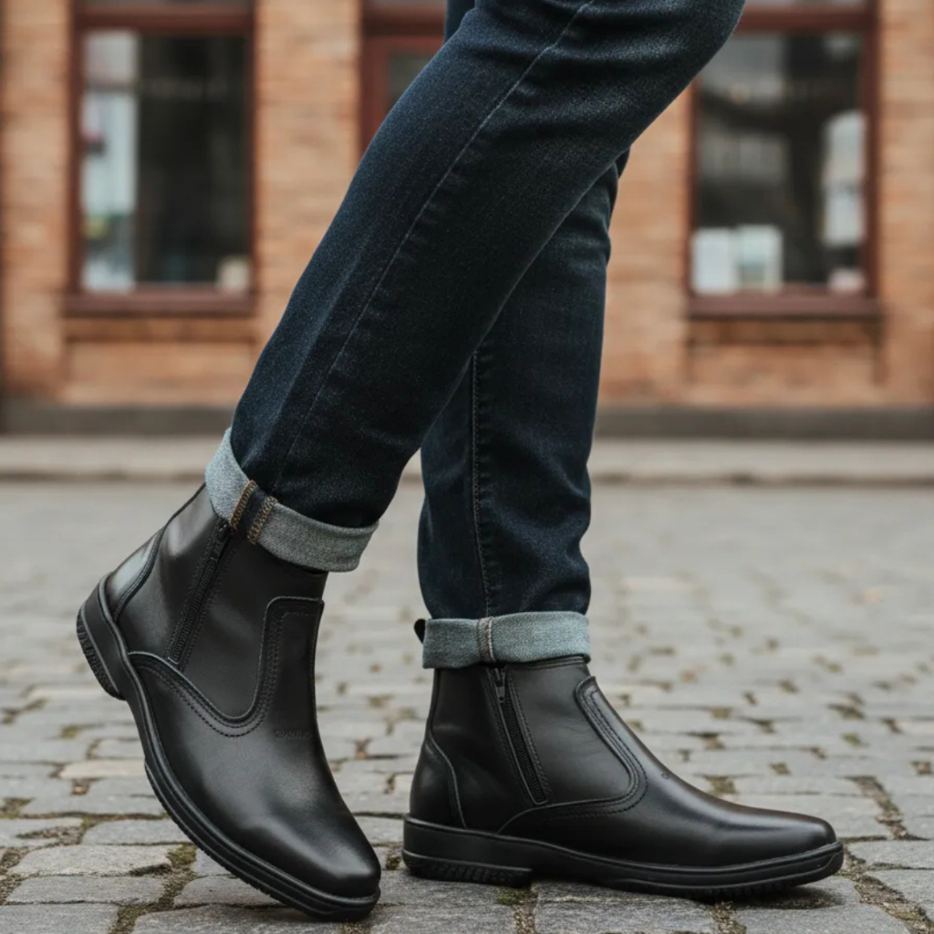 Botina Cor Preta Com ZiperBota Social Masculina Em Couro Legitimo Botina Solado Costurada 2220