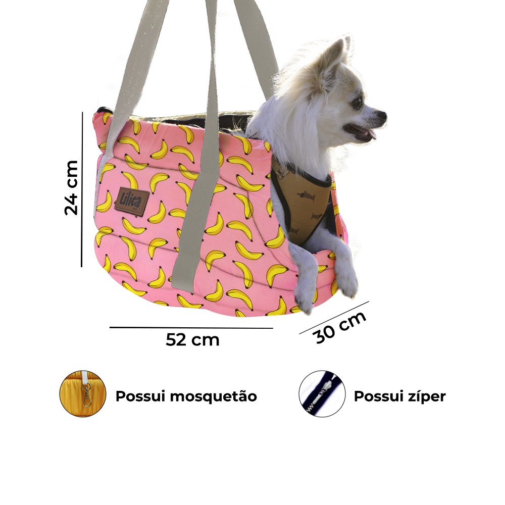 Bolsa pet transporte aberta mosquetão interno bosa de passeio cachorro e gato banana
