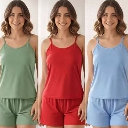 Kit 3 Pijamas baby Doll Femininos Sued Macio Confortável Short e Blusa de Alça Roupa de Dormir Leve Várias Estampas em Oferta na Shopee