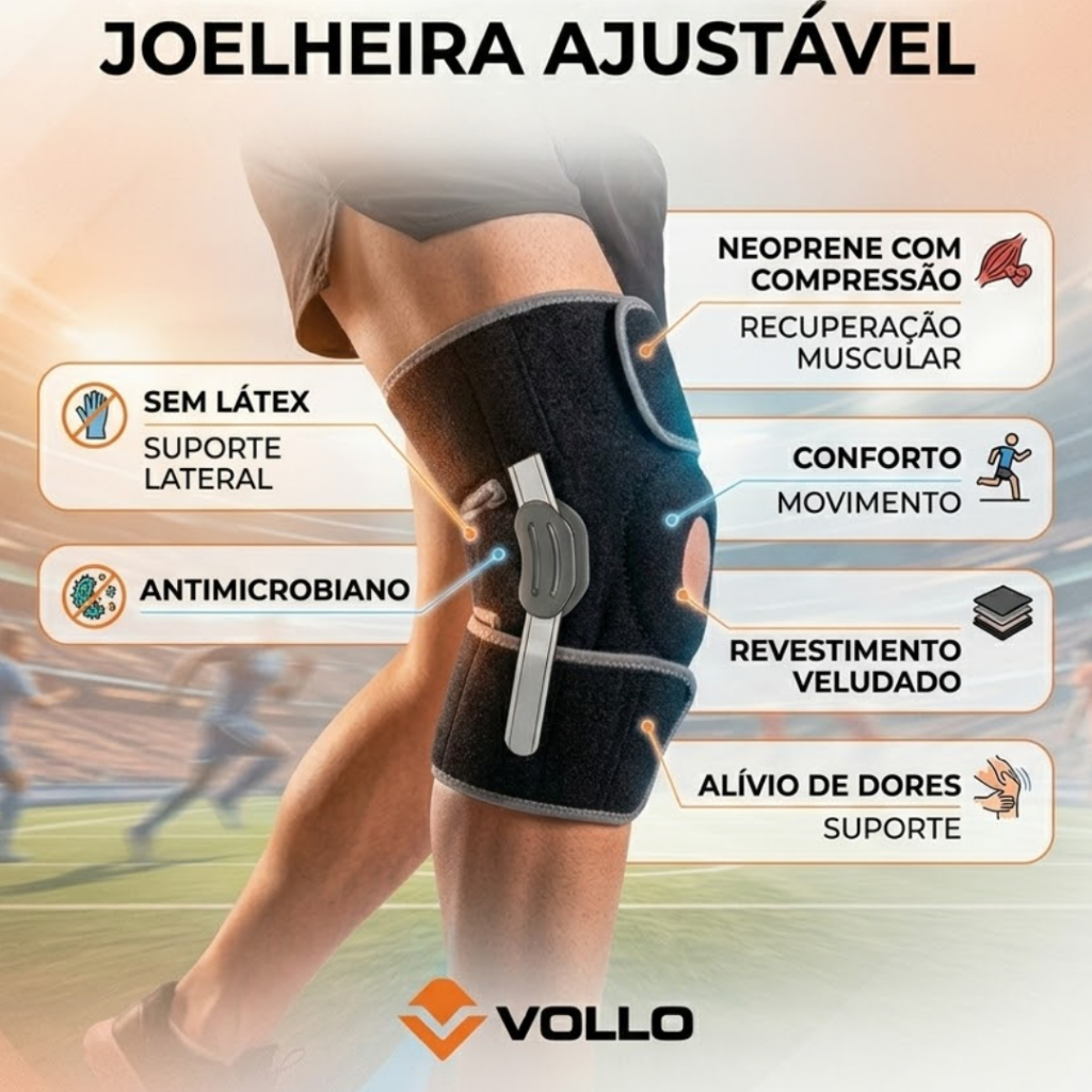 Joelheira Articulada Ortopedica Compressão Ajustável Reforço Patelar Estabilizadora Vollo