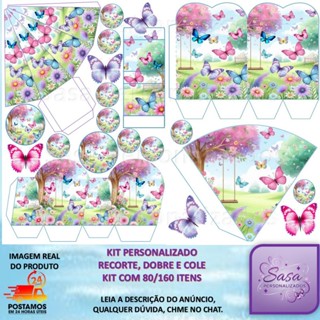 TEMA BORBOLETA COLORIDA LEMBRANCINHA COM 100/200 itens com ou sem nome em Oferta na Shopee