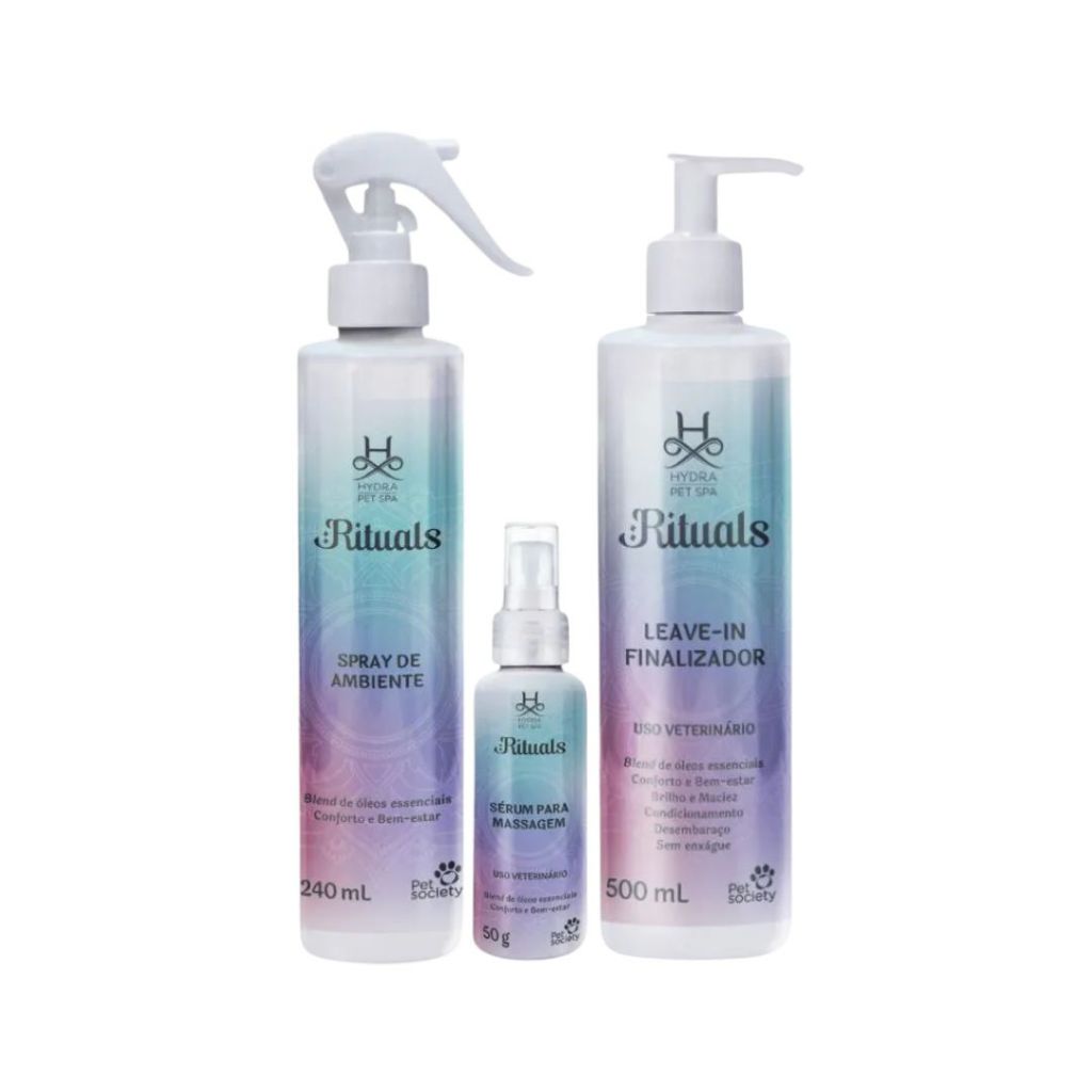 Kit Produtos Pet Hydra Rituals Banho Low Stress Cachorro Gato (Leave-In, Sérum de Massagem e Spray de Ambiente)
