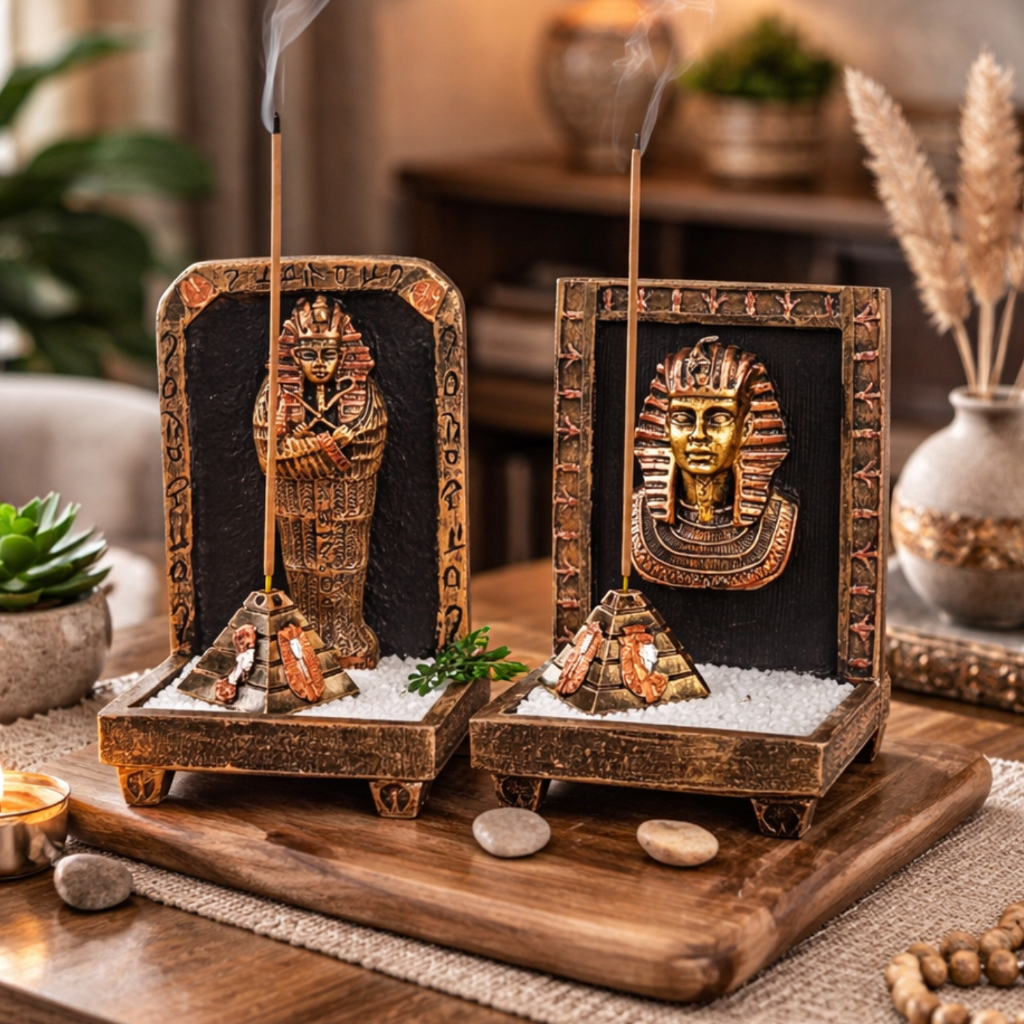 Incensário Egípcio Faraó com Pirâmide Porta Incenso Decorativo Resina Zen Aromaterapia