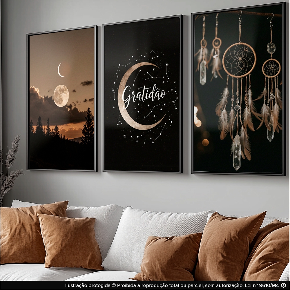 Imagem Kit 3 Quadros Lua Gratidão Filtro dos Sonhos Místico Decoração Parede Sala Quarto Espiritual