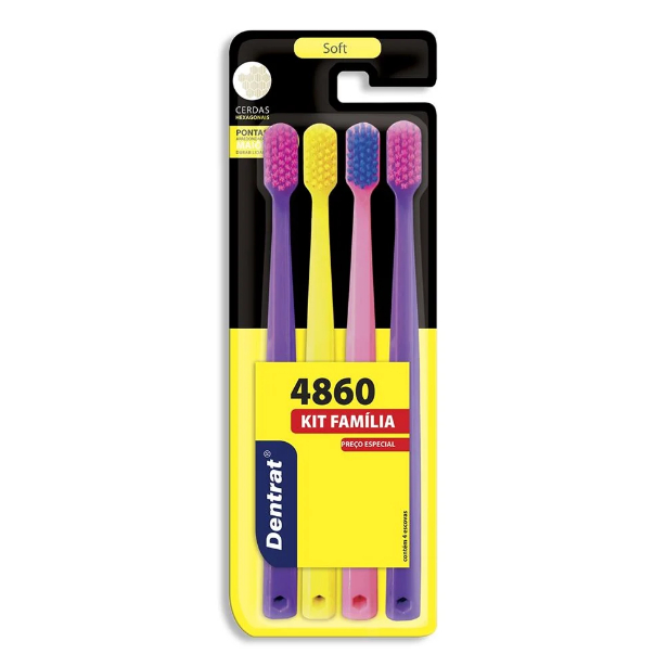 Dentrat Kit Família 4860 cerdas Escova de Dente Macia com 4 unidades. (cores sortidas) em Oferta na Shopee