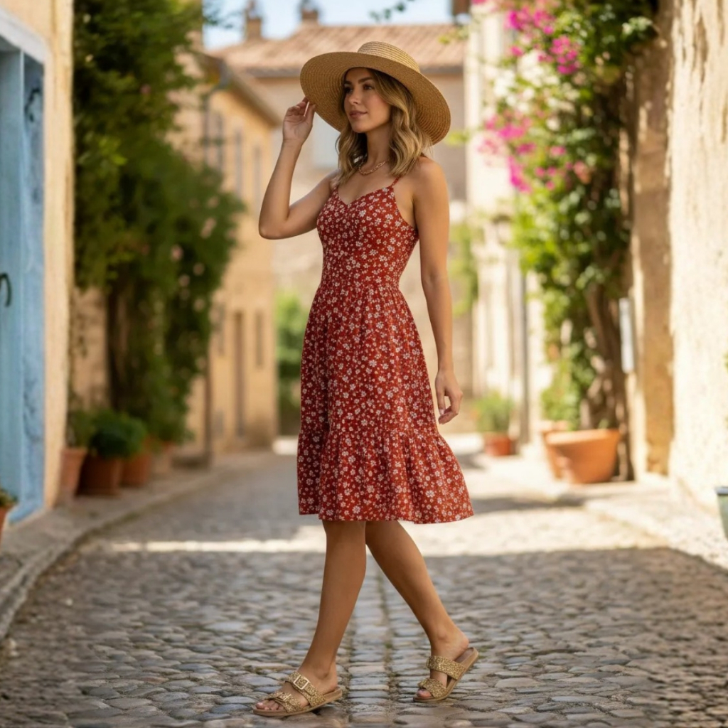 Vestido Feminino Curto Rodado Florido com Bojo Alcinha com Alça Regulável, Soltinho Estilo Camponesa