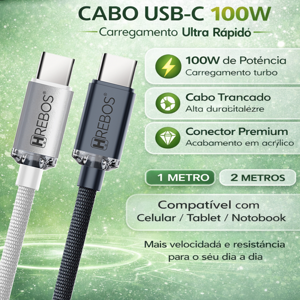 Cabo USB-C Tipo C 100W HREBOS Premium Trançado Nylon Luxury Acrylic –  Turbo 1m/2m (Grafite/Branco) em Oferta na Shopee