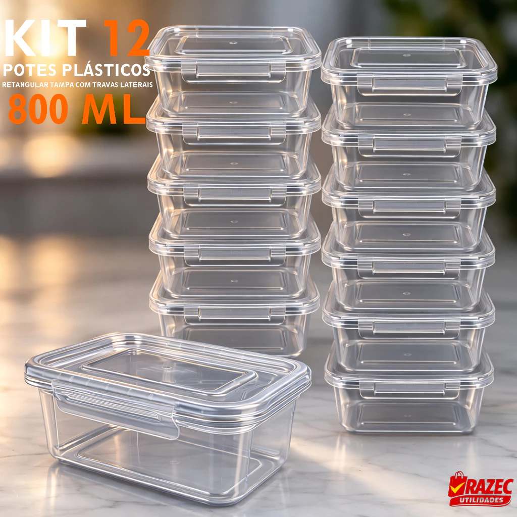 Kit Com 12 potes 800ml Tampa Com Trava Marmita Fitness Lavavel Freezer Microondas Durável BPAFree