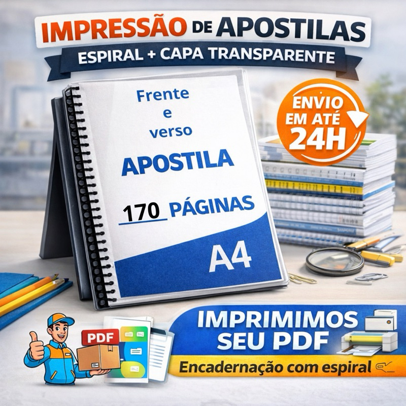 Impressão de Apostila A4 | 170 Páginas / 85 Folhas | Frente e Verso | Espiral + Capa | Envio 24h