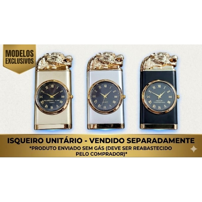 Isqueiro Maçarico Recarregável com Relógio Quartz e LED - Modelos Luxo (Leão, Águia, Revólver, Jacaré) - Sem Gás