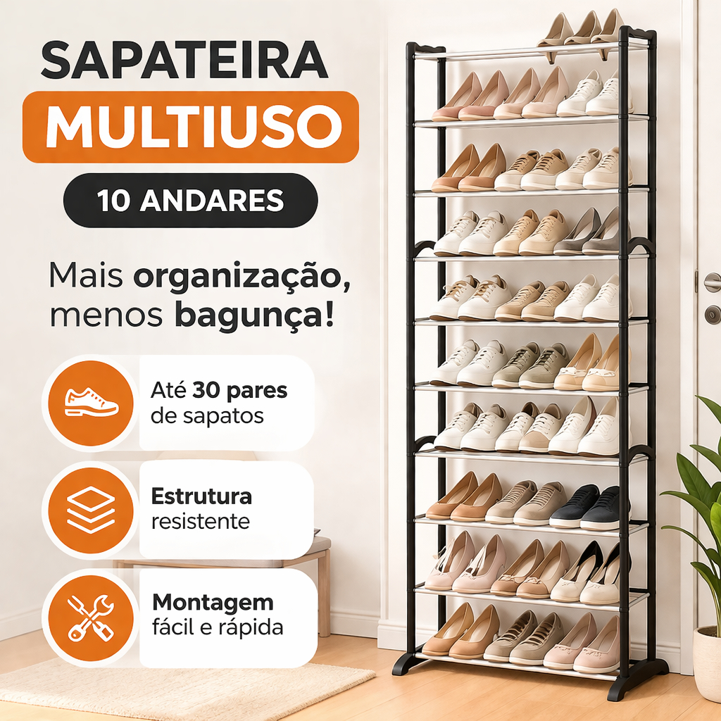 Sapateira Vertical 10 Andares Organizador Multiuso Prateleira Estante Organizadora Resistente
