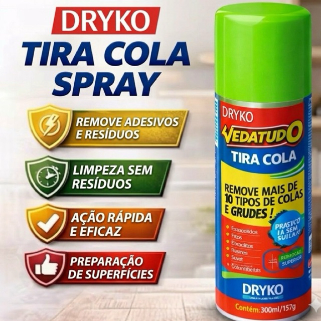 Tira Cola Dryko Spray 100 ou 400ml Removedor de Cola Adesivo Etiqueta Resíduo Limpeza Fácil