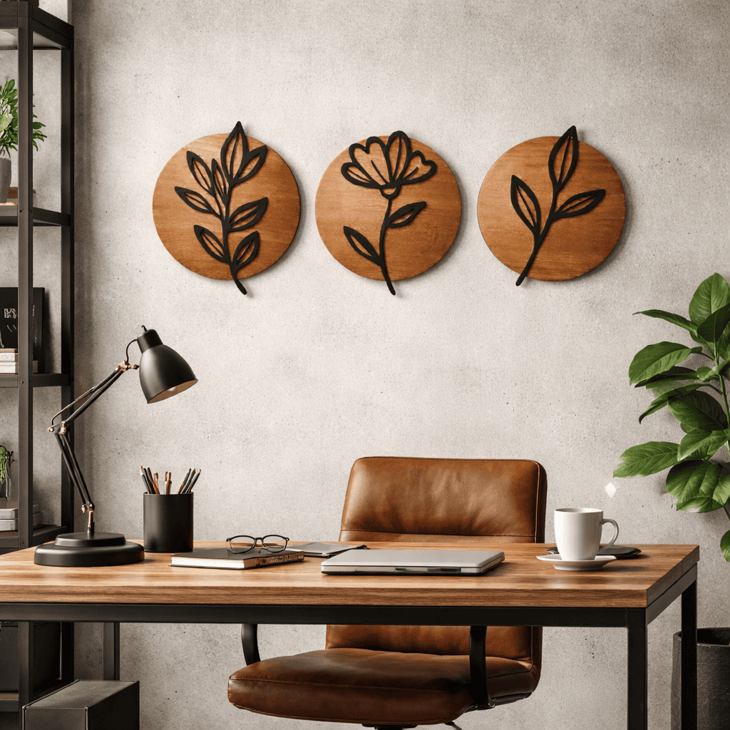 Trio Quadros Decorativos Redondos MDF 3mm Flor e Folhagem 3D Minimalista - Kit 3 Peças 20x22cm