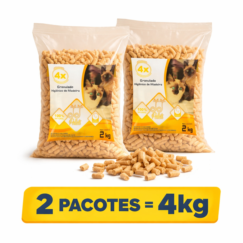 Granulado Higiênico de Madeira para Gatos 4kg (2x 2kg) Pellets 100% Natural