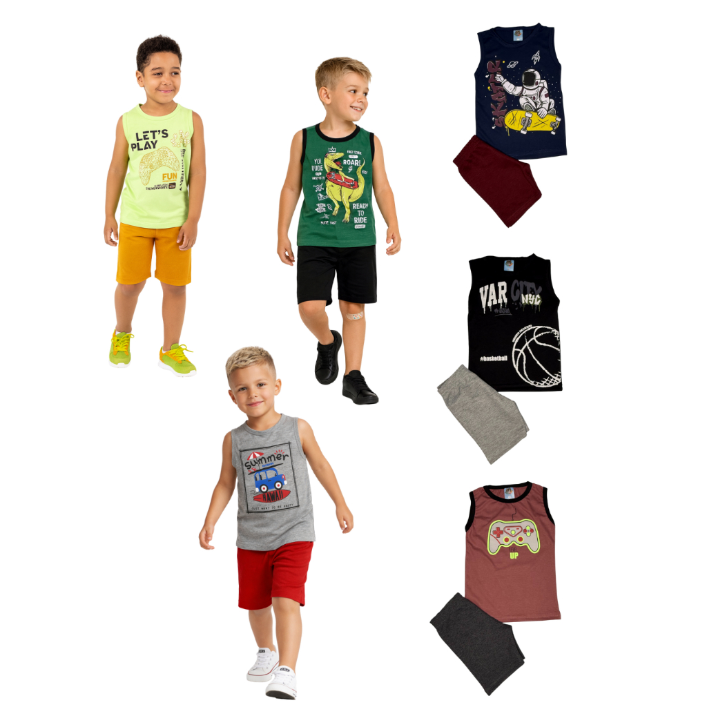 Kit 2 Conjuntos Regata Sortido Menino Verão 2 Regatas 2 Bermudas TAM 1 ao 8
