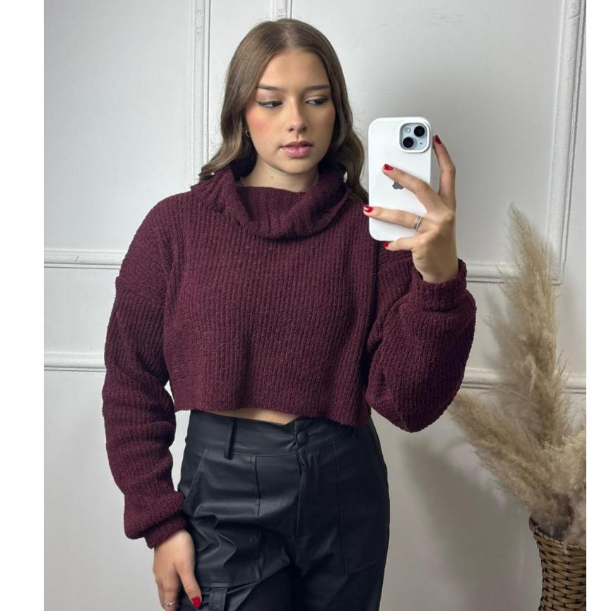 Cropped Feminino Gola Alta Blusa De Frio Blusas Mousse Lançamentos Inverno Tricot Tricô Gola Canoa Manga Longa