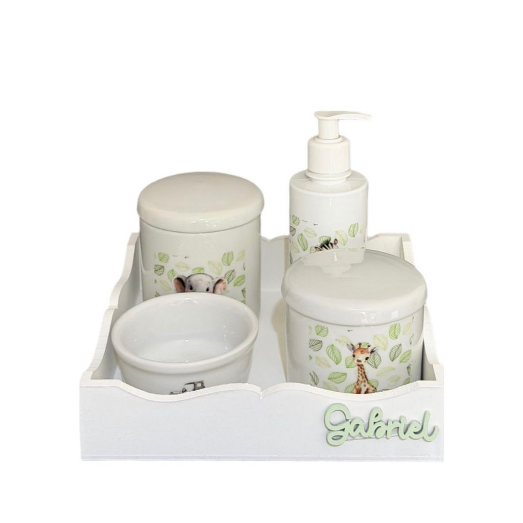 Kit Higiene Bebê Porcelana Safari Bandeja Ondinha Adesivo Dtf Uv Com Nome Personalizado
