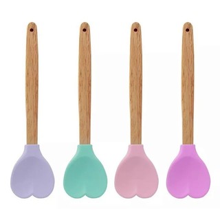 Kit 2 Colher De Silicone Coração 28cm Cabo Madeira Espátula Cores Sortida