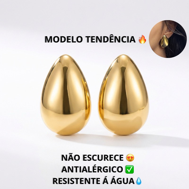 Brinco Gota Grande Feminino Dourado Aço Inox Antialérgico Elegante Não Escurece