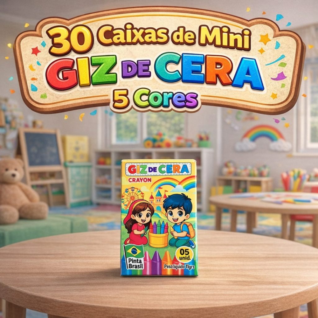 30 Cx Mini Giz de Cera 5 Cores P/ Kit Festa Infantil Lembrancinha 10, 20 ou 30