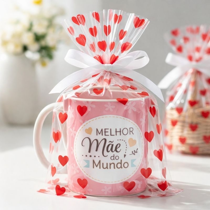 Saco Celofane Transparente Decorado para Caneca 20x30 e 25x35