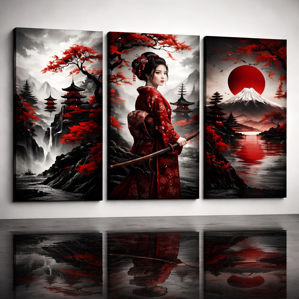 Quadro Decorativo Japonês Gueixa Samurai  20x30  40x60 Monte Fuji Sol Vermelho Arte Oriental Moderna