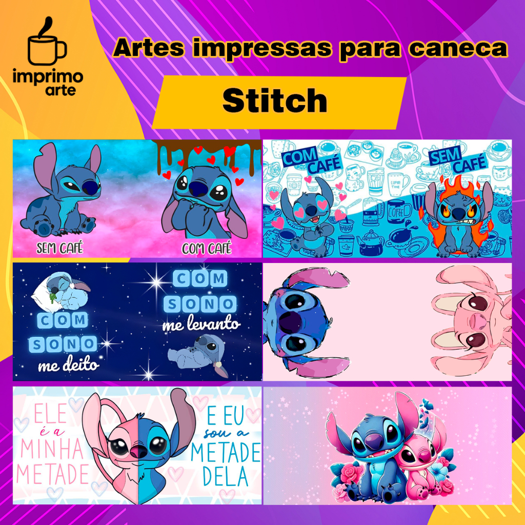 12 Artes Impressas para Canecas Stitch Estampas Prontas para Sublimar Xícara Copo Personalizado Sublimação Trabalho