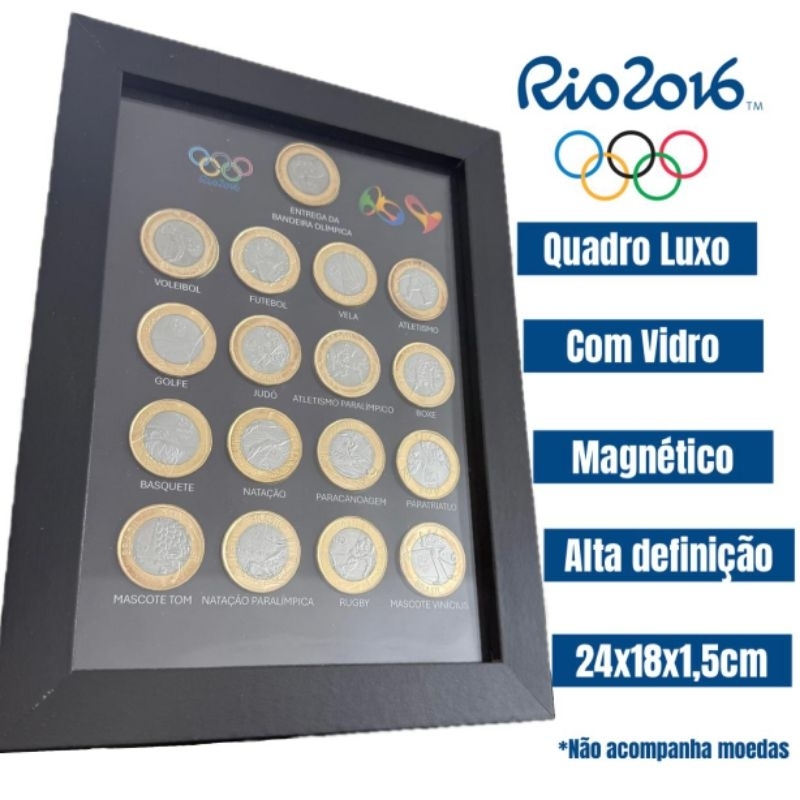 Quadro Expositor para as 17 Moedas das Olimpíadas Rio 2016 Com Ímã e Vidro
