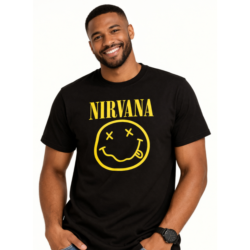 Camiseta Nirvana Smiley Grunge Rock Banda Unissex Baby Look Algodão Estampada