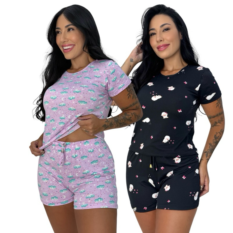 Kit 2 Pijama Baby Dool Suede Estampado Short Dool Verão Feminino