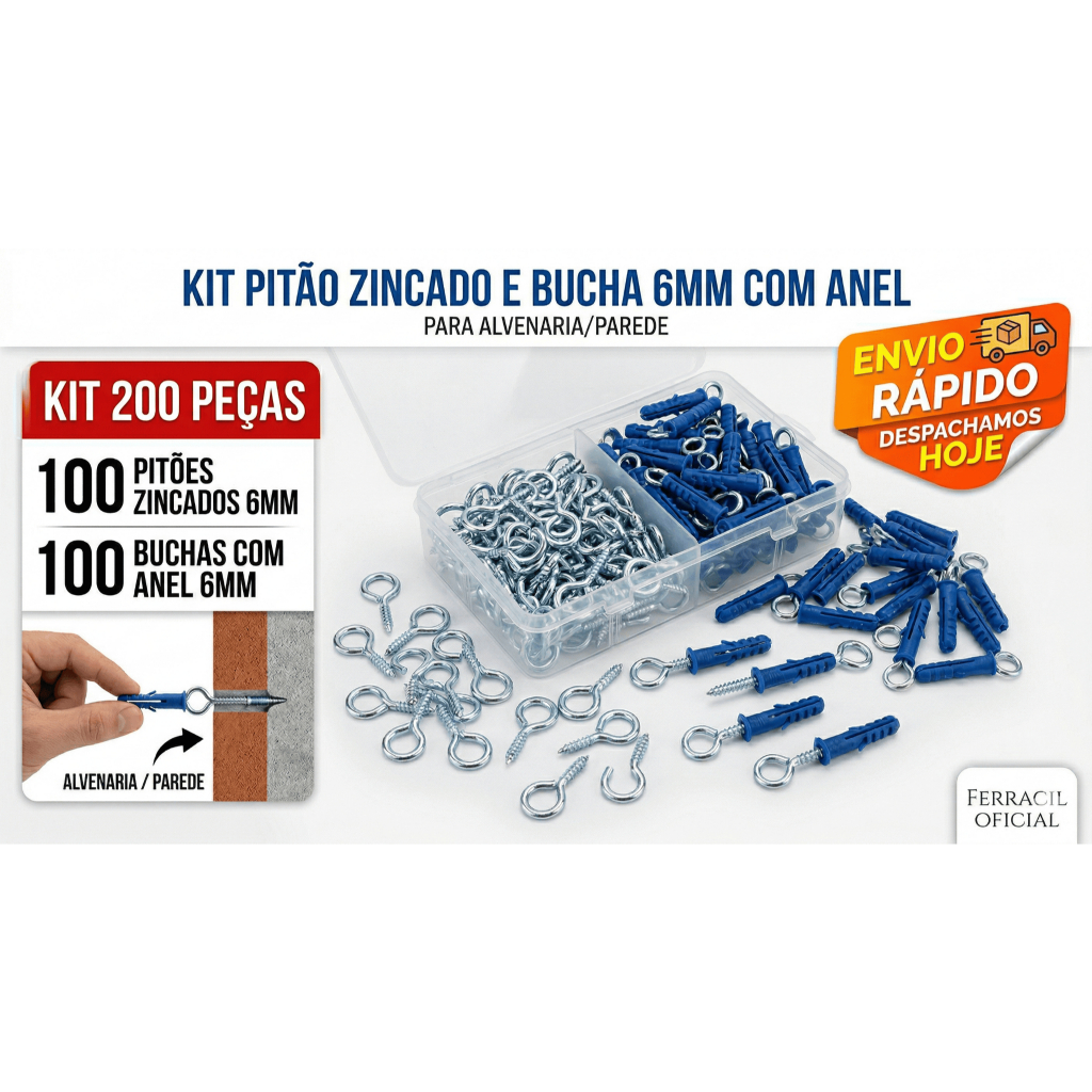 Kit 200 Peças Pitão Zincado 6mm e Bucha com Anel para Parede Alvenaria em Oferta na Shopee