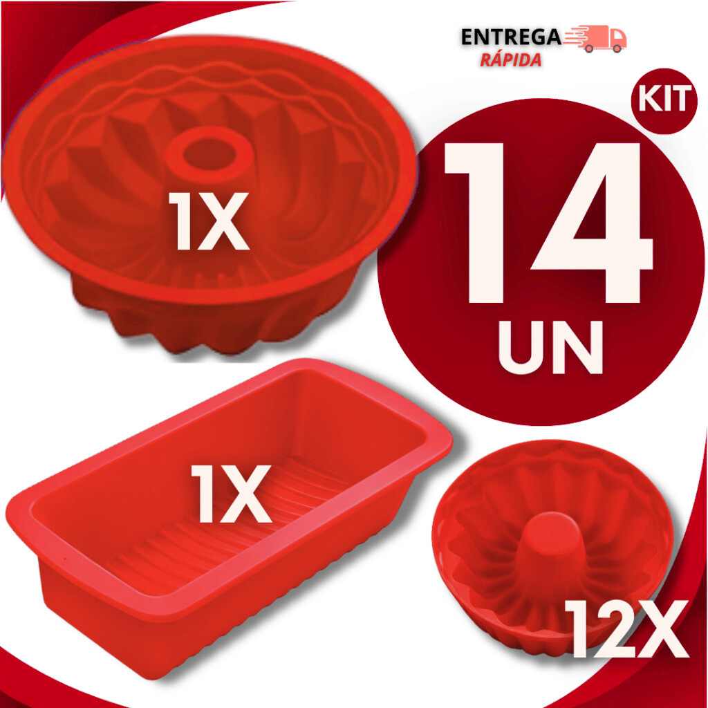 Jogo 14 Formas de Silicone -1 Forma Pão,1Forma Bolo ou Pudim, 12 Forminhas  Cupcake Forma Silicone