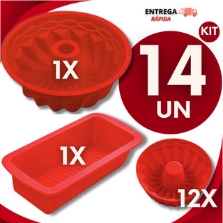 Jogo 14 Formas de Silicone -1 Forma Pão,1Forma Bolo ou Pudim, 12 Forminhas  Cupcake Forma Silicone