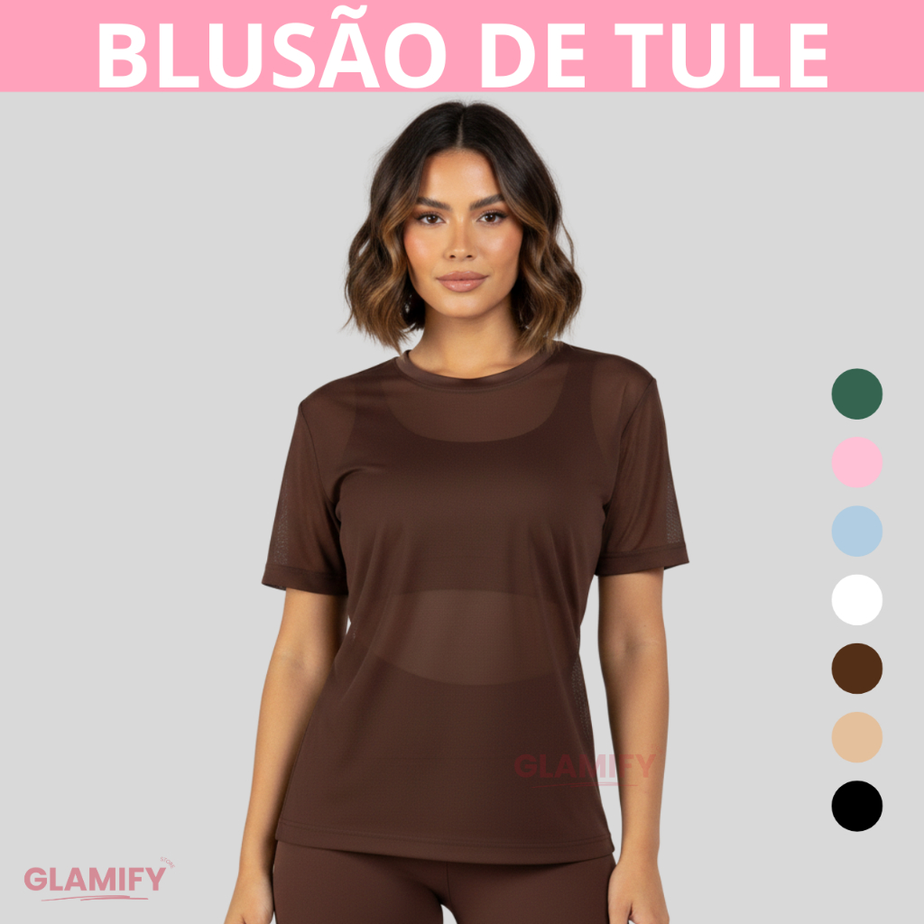 Blusa feminina Transparente de Tule Camisetão de Academia e Treino Manga Curta Fitness do P ao GG