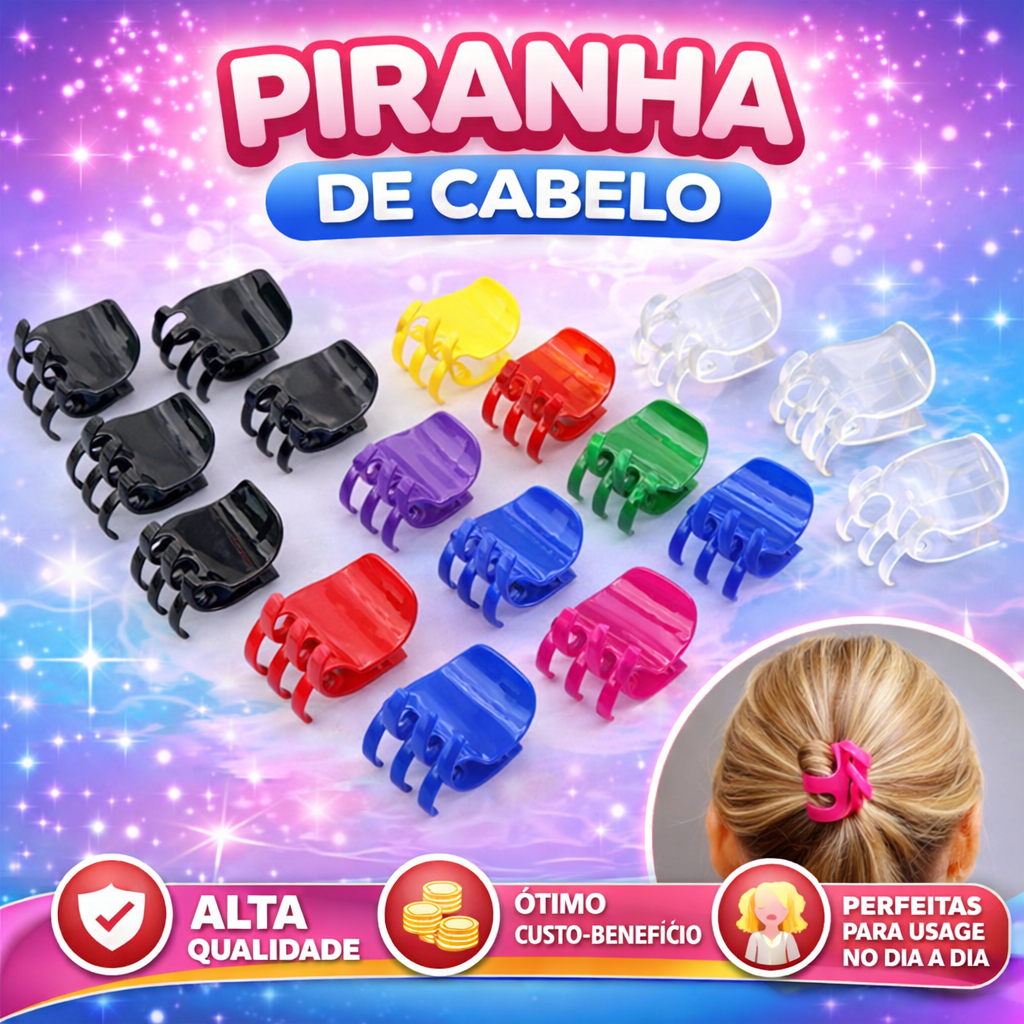 Kit com 12 piranhas tridente prendedor de cabelo cores preta e transparente