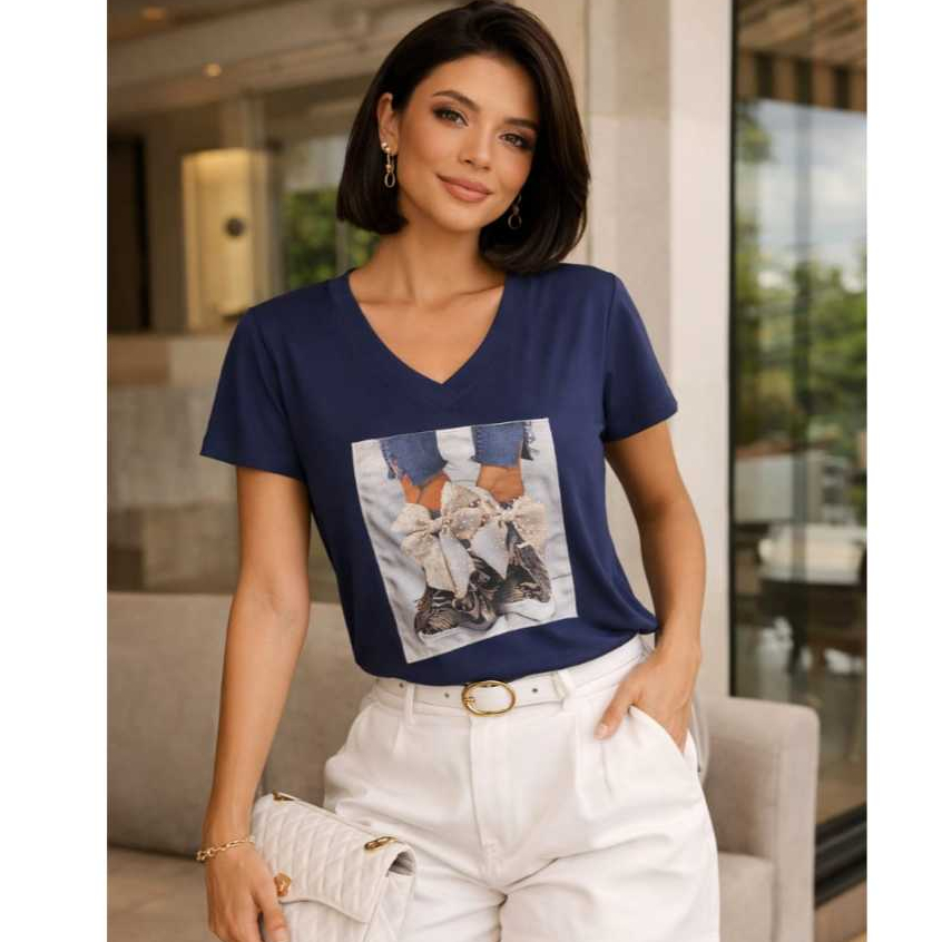 Blusa Feminina Viscolycra Estampada Moda Casual Confortável Leve Manga Curta Elegante do Dia a Dia