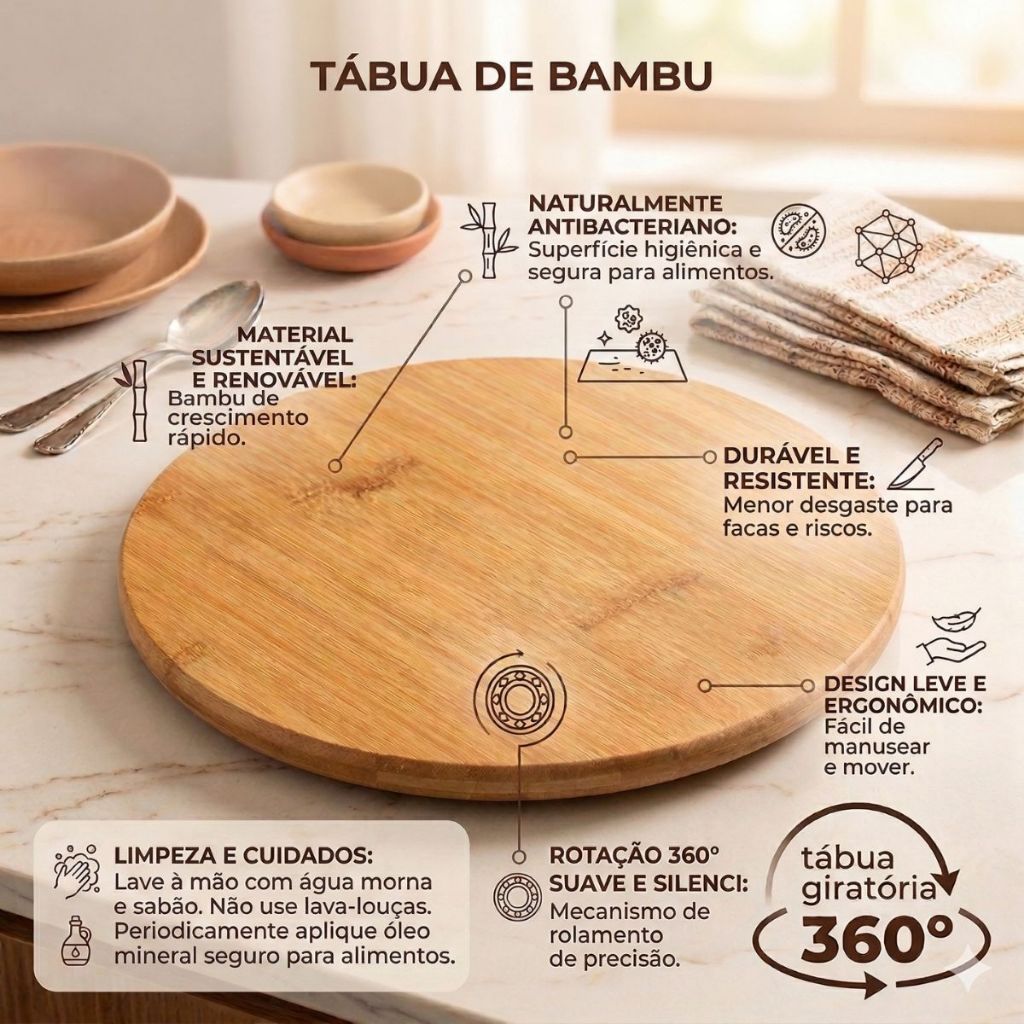 Tabua De Bambu Petisqueira Com Base Giratoria 360° Tábua de Frios Petiscos Giratória 100% Ecológica — imagem 2 de 2