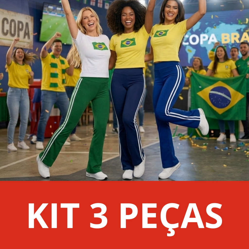 Kit 3 Calça Feminina Flare Copa do Mundo Bailarina com Listras Laterais