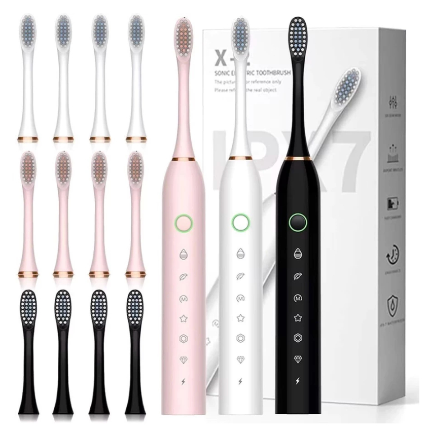 Escova de Dentes Eletrica IPX7 Prova Agua USB 6 Modos 4 Cabecas Substituiveis Higiene Bucal