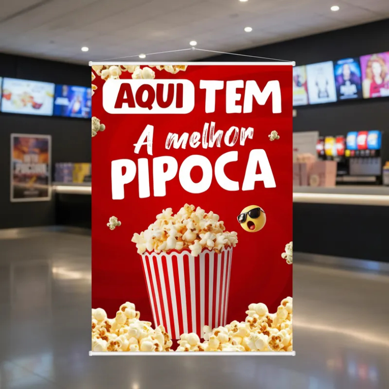 Banner Faixa Lona Aqui Tem Pipoca Pipoqueira Quiosque Barraquinha Cinema Promoção Divulgação 100x70