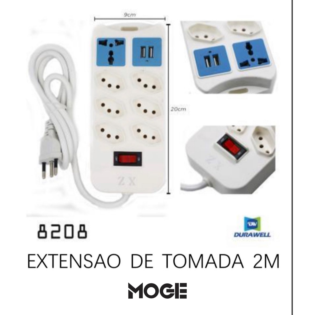 Filtro de Linha Extensão | Régua de Energia | Proteção Elétrica | Múltiplas Tomadas | Modelo 8208