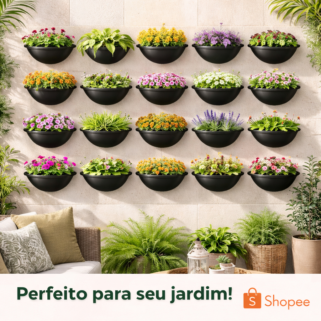 Kit Vasos de Parede Meia Lua Preto de Plastico Plantas e Flores