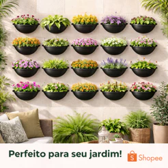 Kit Vasos de Parede Meia Lua Preto de Plastico Plantas e Flores