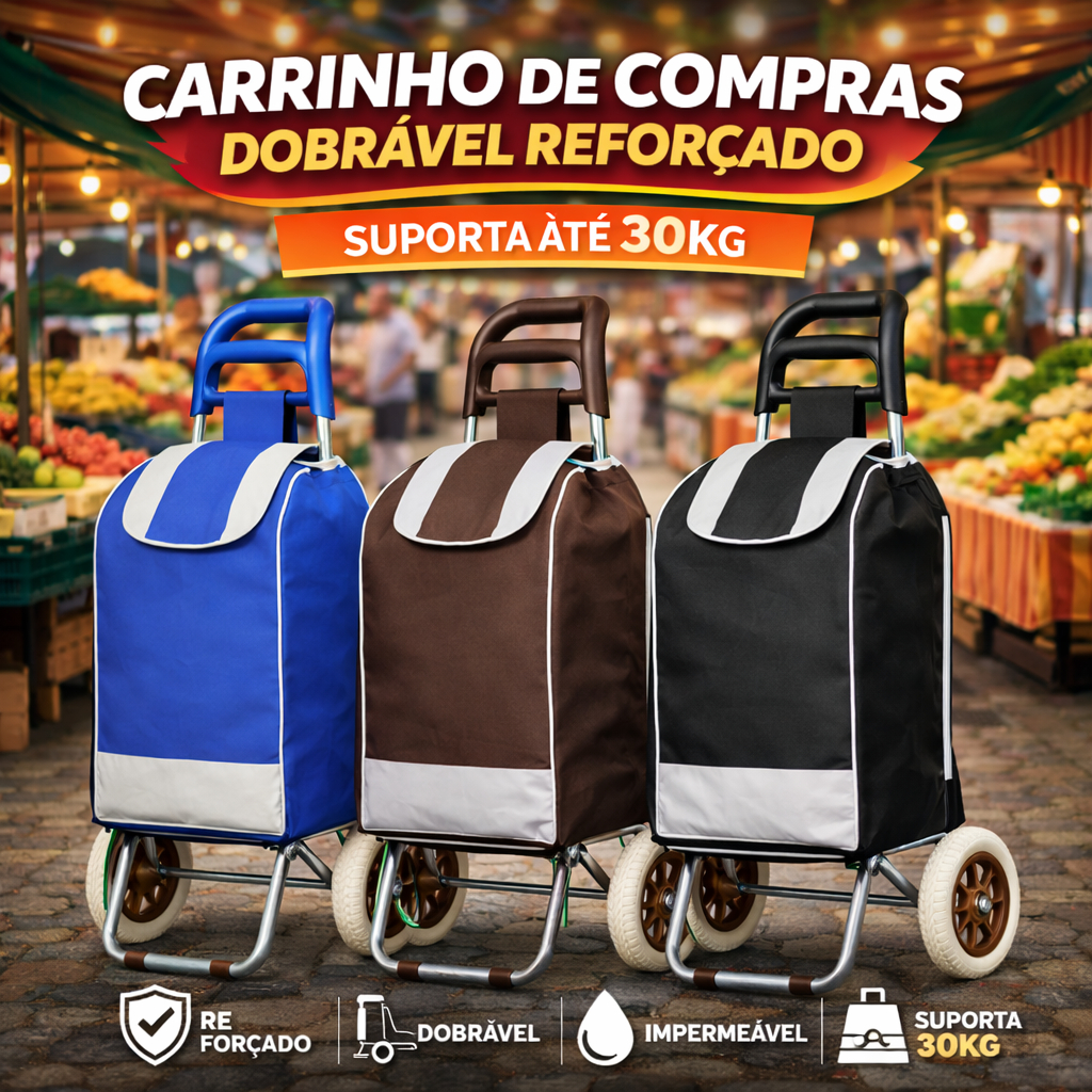 Carrinho de Feira Supermercado Dobrável com Rodas Reforçado Bolsa Multiuso 30kg