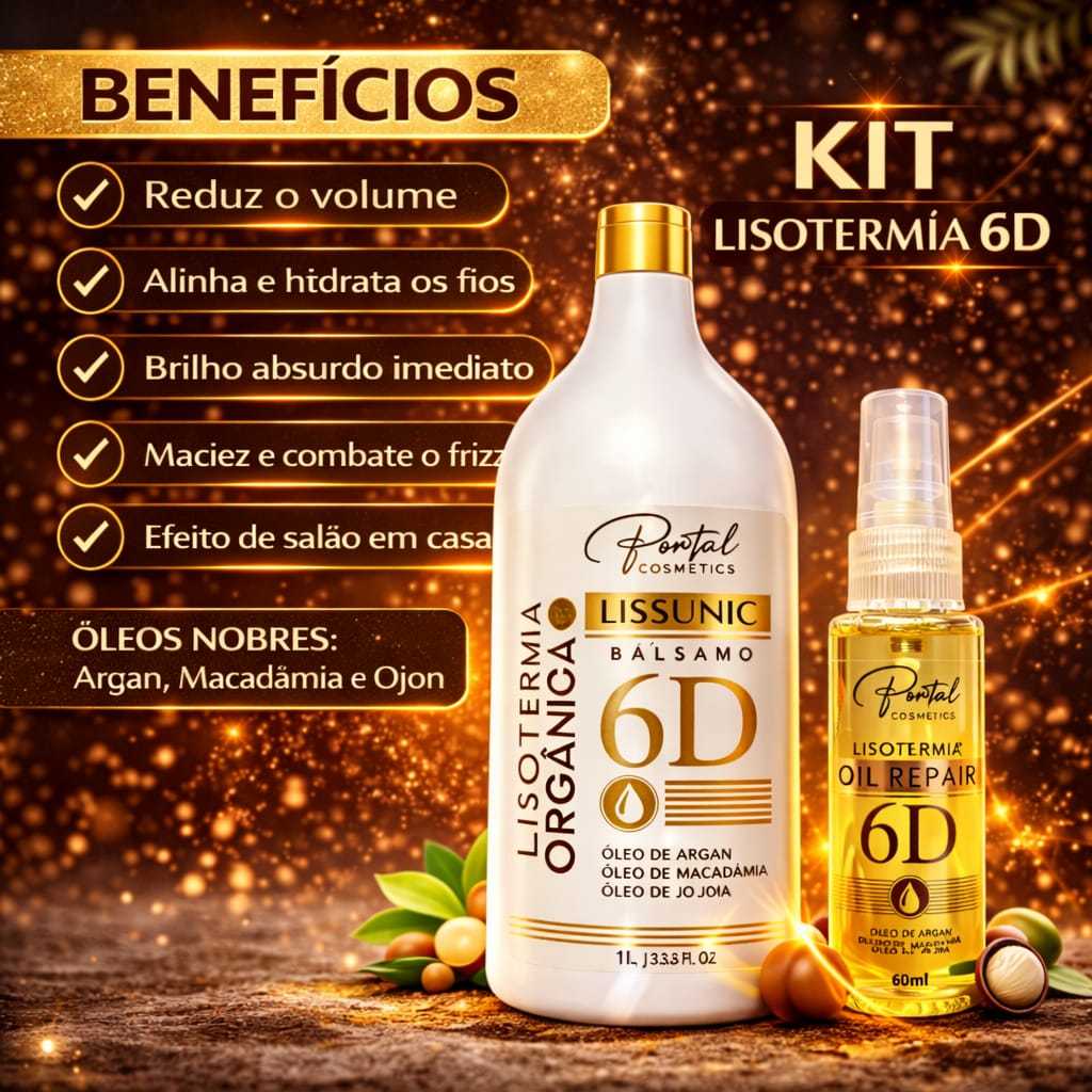 Kit Progressiva Orgânica 6D + Óleo Reparador 6D Lisotermia Portal | Alinhamento, Anti Frizz, Brilho Intenso, Resultado P
