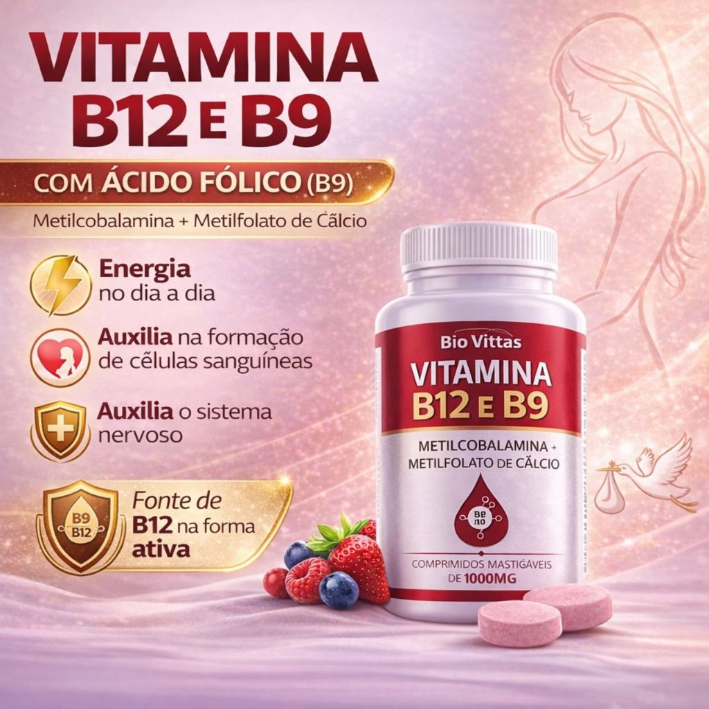 B12 + B9 Ácido Fólico Mastigável 120 comprimidos de 1000mg