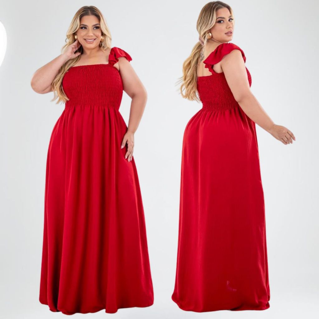 Vestido BIA Longo Alça de Babado Crepe Dunas Plus Size Moda Casual Plis, Moda Evangélica