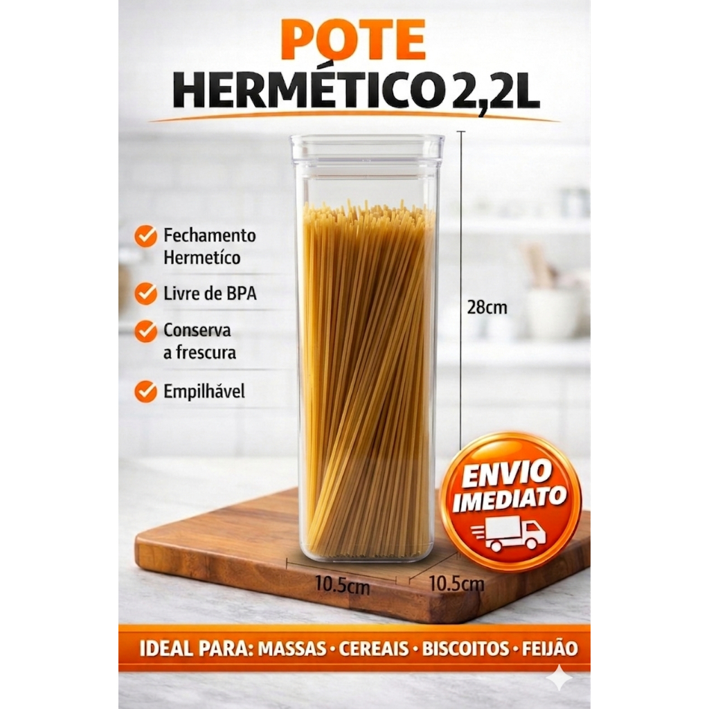 Pote Hermético 2,2L Transparente Organizador Porta Mantimento Empilhável BPA Free