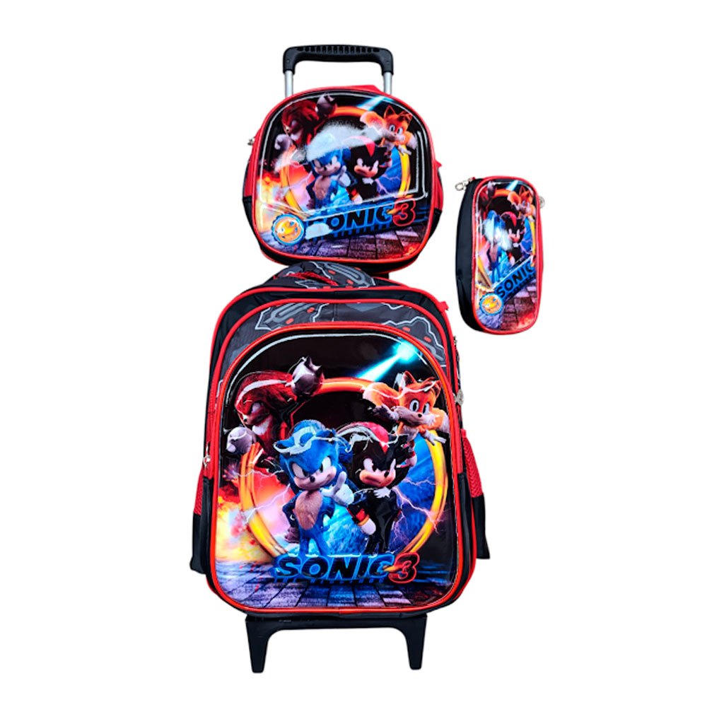 Kit Mochila com Rodinhas Infantil Sonic 3 em 3D Importada + Lancheira Térmica + Estojo Escolar
